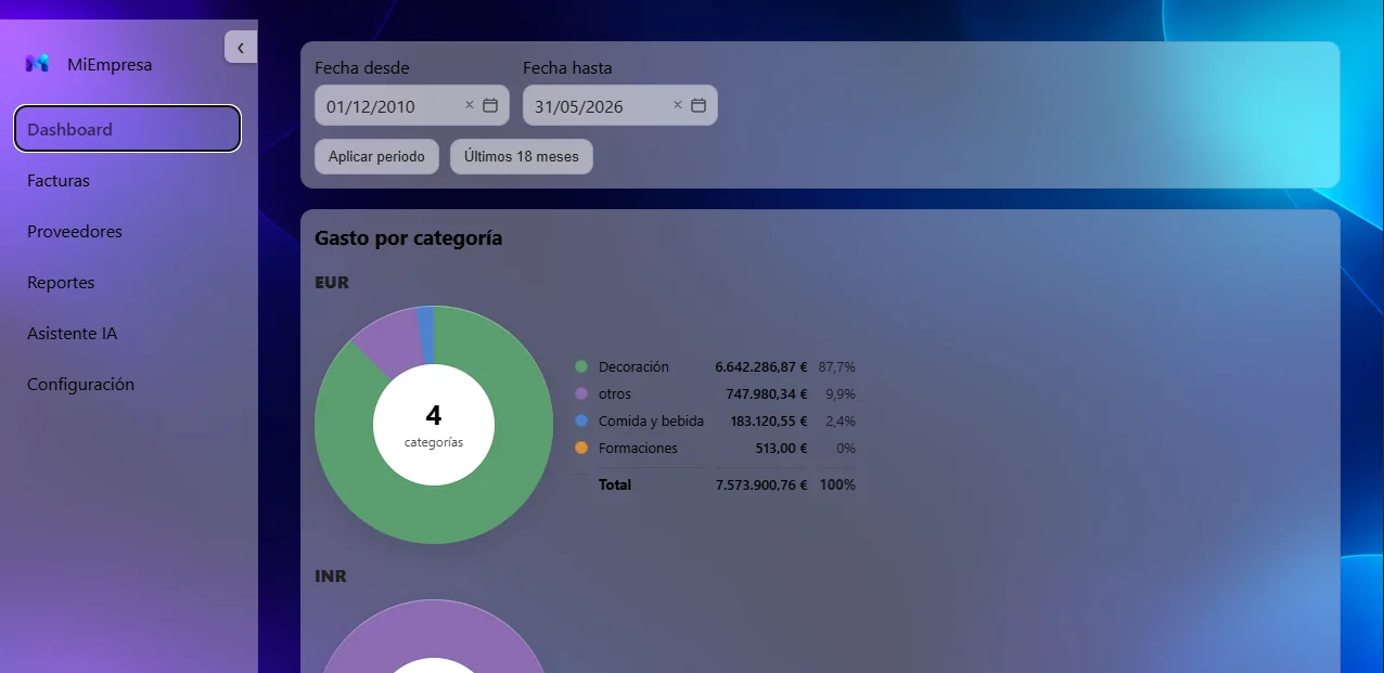 Ejemplo de entorno personalizado de ApexInvoicer con nombre, colores y fondo de una empresa ficticia