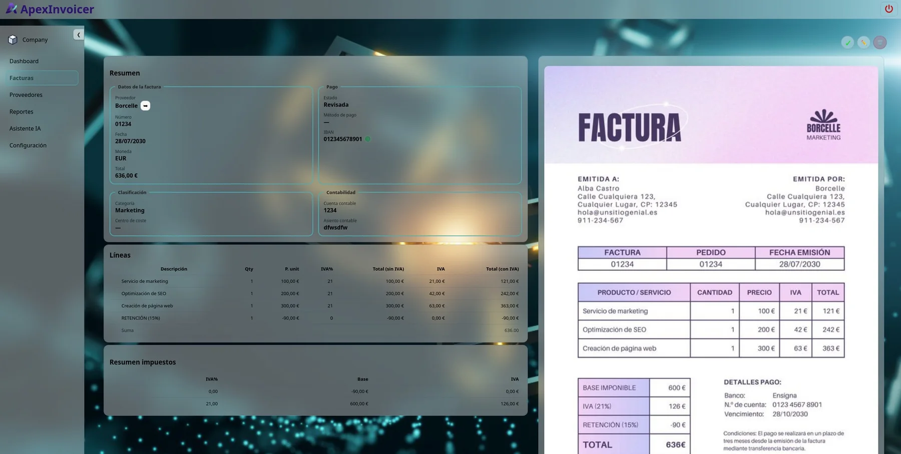 ApexInvoicer mostrando los datos extraídos de una factura junto al documento original